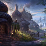 This is a biome piece for Stormhold, an ancient city founded by the Barsaebic Ayleids. You can see what remains of their architecture in the background. Later it was taken over by Argonians who built their modern mud homes among the crumbled arches. 