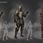 Medium, heavy, and light armors in the Breton style are shown here. There were several iterations of these throughout development. Breton designs are the most "traditional" medieval fantasy designs in ESO. Centuries of warfare in High Rock have led the Bretons to value functionality over beauty; their architecture and attire alike share an earthy, hand-crafted quality.