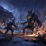 This shows a battle with a daedroth, a crocodile-headed humanoid Daedra. Reptilian and massive, simple and brutish, daedroth are savage, ravenous beasts. Their thick hides are resistant to magical attacks, and they’re known to belch forth fire—a devastating addition to their powerful attacks.